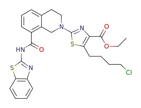 Molecular Structure of 1235035-23-0 (ethyl 2-(8-(benzo[d]thiazol-2-ylcarbamoyl)-3,4-dihydroisoquinolin-2(1H)-yl)-5-(4-chlorobutyl)thiazole-4-carboxylate)