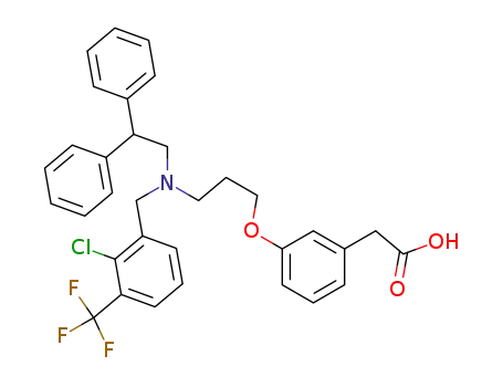 Molecular Structure of 405911-09-3 (3-[3-[N-(2-CHLORO-3-TRIFLUOROMETHYLBENZYL)-(2,2-DIPHENYLETHYL)AMINO]PROPYLOXY]PHENYLACETIC ACID HYDROCHLORIDE)