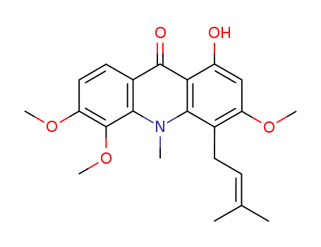 109030-95-7,9(10H)-Acridinone,1-hydroxy-3,5,6-trimethoxy-10-methyl-4-(3-methyl-2-buten-1-yl)-,9(10H)-Acridinone,1-hydroxy-3,5,6-trimethoxy-10-methyl-4-(3-methyl-2-butenyl)- (9CI); Baiyumine B