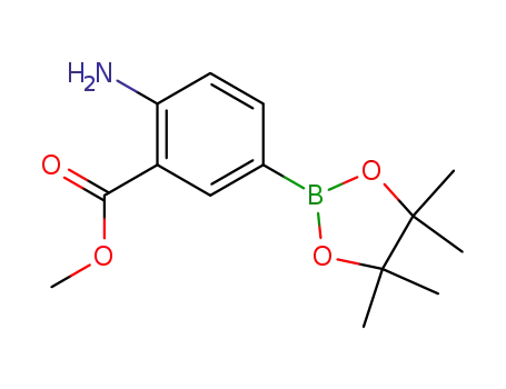 Molecular Structure of 363185-87-9 (Benzoic acid, 2-amino-5-(4,4,5,5-tetramethyl-1,3,2-dioxaborolan-2-yl)-, methyl ester)