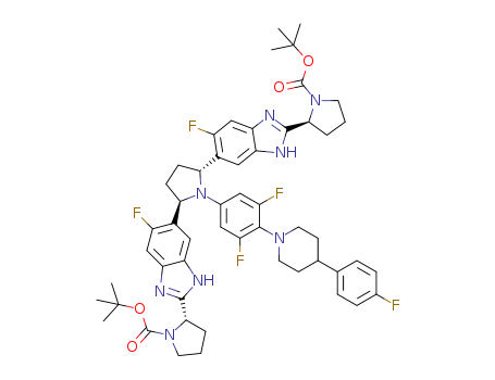 1890114-11-0,(2S,2'S)-[[(2R, 5R)-1-[3,5-difluoro-4-(4-(4- fluorophenyl)-1-piperidinyl)phenyl]-2,5-pyrrolidinediyl]bis[6-fluoro-2-(2S)-2-pyrrolidinyl 1H-benzimidzol e-2,5-diyl)]bis(1-pyrrolidinecarboxylic acid, 1,1'-bis(1,1'-dimethylethyl)ester,