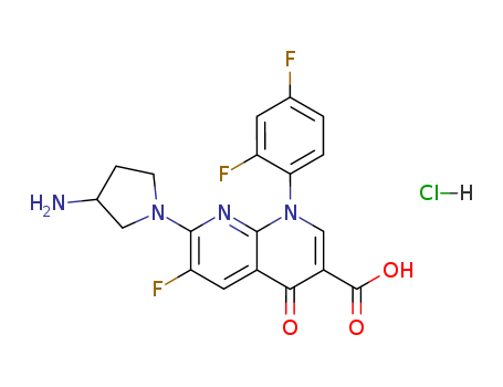 Molecular Structure of 104051-69-6 (1,8-Naphthyridine-3-carboxylicacid,7-(3-amino-1-pyrrolidinyl)-1-(2,4-difluorophenyl)-6-fluoro-1,4-dihydro-4-oxo-,hydrochloride (1:1))