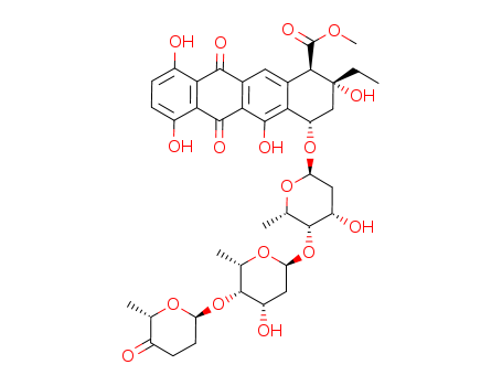 Molecular Structure of 111233-40-0 (1-Naphthacenecarboxylicacid,4-[[2,6-dideoxy-4-O-[2,6-dideoxy-4-O-[(2R,6S)-tetrahydro-6-methyl-5-oxo-2H-pyran-2-yl]-a-L-lyxo-hexopyranosyl]-a-L-lyxo-hexopyranosyl]oxy]-2-ethyl-1,2,3,4,6,11-hexahydro-2,5,7,10-tetrahydroxy-6,11-dioxo-,methyl ester, (1R,2R,4S)- (9CI))