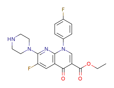 Molecular Structure of 104069-95-6 (1,8-Naphthyridine-3-carboxylic acid, 6-fluoro-1-(4-fluorophenyl)-1,4-dihydro-4-oxo-7-(1-piperazinyl)-, ethyl ester)