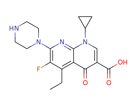 Molecular Structure of 138668-42-5 (1,8-Naphthyridine-3-carboxylic acid,
1-cyclopropyl-5-ethyl-6-fluoro-1,4-dihydro-4-oxo-7-(1-piperazinyl)-)