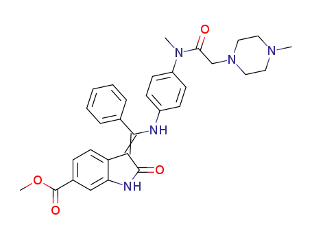 Molecular Structure of 1160294-26-7 ((Z)-methyl 3-((4-(N-methyl-2-(4-methylpiperazin-1-yl)acetamido)phenylamino)(phenyl)methylene)-2-oxoindoline-6-carboxylate)