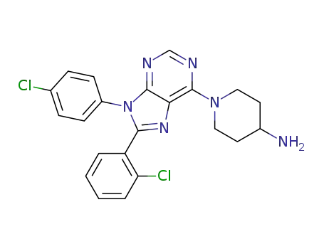 Molecular Structure of 1408075-34-2 (1-[8-(2-chlorophenyl)-9-(4-chlorophenyl)-9H-purin-6-yl]-piperidin-4-amine)