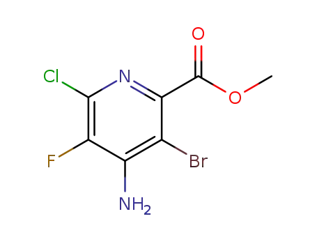 Molecular Structure of 1350828-34-0 (4-amino-3-bromo-6-chloro-5-fluoro-pyridine-2-carboxylic acid methyl ester)