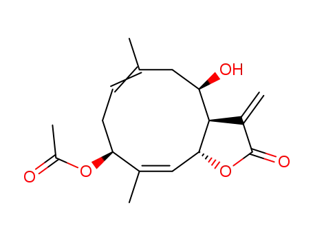Molecular Structure of 55520-20-2 ((3aR,4R,6E,9R,10Z,11aR)-9-Acetoxy-3a,4,5,8,9,11a-hexahydro-4-hydroxy-6,10-dimethyl-3-methylenecyclodeca[b]furan-2(3H)-one)