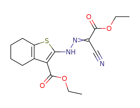 Molecular Structure of 72624-94-3 (Benzo[b]thiophene-3-carboxylic acid,
2-[(1-cyano-2-ethoxy-2-oxoethylidene)hydrazino]-4,5,6,7-tetrahydro-,
ethyl ester)