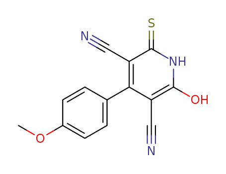 Molecular Structure of 102423-77-8 (3,5-Pyridinedicarbonitrile,
1,2-dihydro-6-mercapto-4-(4-methoxyphenyl)-2-oxo-)