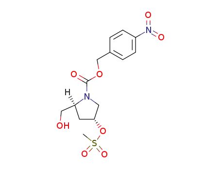 Molecular Structure of 127626-37-3 ((2S,4R)-2-(Hydroxymethyl)-4-[(methylsulfonyl)oxy]-1-pyrrolidinecarboxylic acid (4-nitrophenyl)methyl ester)
