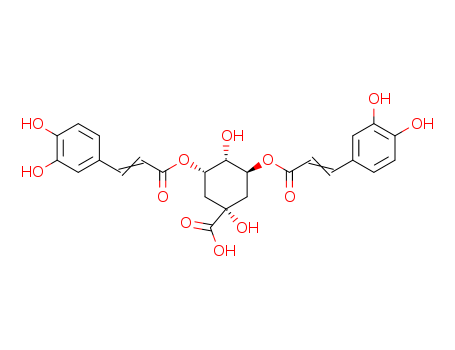 2450-53-5,Isochlorogenic acid A,Cyclohexanecarboxylicacid, 3,5-bis[[3-(3,4-dihydroxyphenyl)-1-oxo-2-propen-1-yl]oxy]-1,4-dihydroxy-,(1a,3R,4a,5R)-;Cinnamicacid, 3,4-dihydroxy-, 5-carboxy-2,5-dihydroxy-1,3-cyclohexylene ester (8CI);Cyclohexanecarboxylic acid,3,5-bis[[3-(3,4-dihydroxyphenyl)-1-oxo-2-propenyl]oxy]-1,4-dihydroxy-, (1a,3R,4a,5R)- (9CI);Cyclohexanecarboxylic acid,3,5-bis[[3-(3,4-dihydroxyphenyl)-1-oxo-2-propenyl]oxy]-1,4-dihydroxy-, [1R-(1a,3a,4a,5b)]-;Cyclohexanecarboxylic acid,1,3,4,5-tetrahydroxy-, 3,5-bis(3,4-dihydroxycinnamate) (8CI);CJ 4-16-4;Quinic acid 3,5-di-O-caffeate;3,5-Dicaffeoylquinic acid;