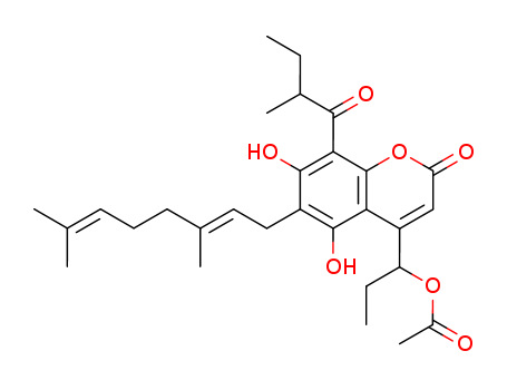 28319-38-2,Surangin B,Coumarin,6-(3,7-dimethyl-2,6-octadienyl)-5,7-dihydroxy-4-(1-hydroxypropyl)-8-(2-methylbutyryl)-,4-acetate (8CI);Surangin B;