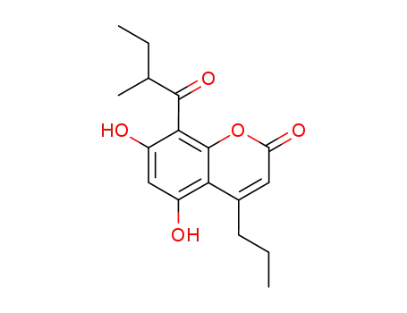 Molecular Structure of 5022-23-1 (2H-1-Benzopyran-2-one,
5,7-dihydroxy-8-(2-methyl-1-oxobutyl)-4-propyl-)