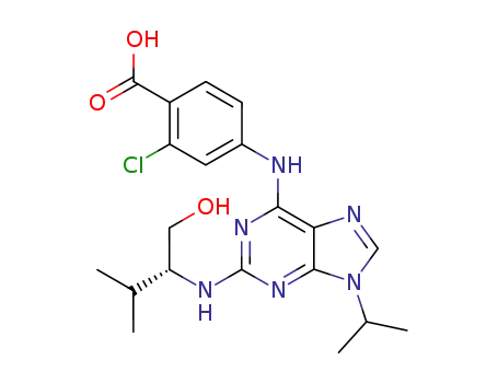 Molecular Structure of 212844-54-7 ((2R)-2-[[6-[(3-Chloro-4-carboxyphenyl)amino]-9-(1-methylethyl)-9H-purin-2-yl]amino]-3-methyl-1-butanol)