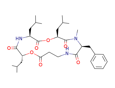 128140-12-5,leualacin,Cyclo(b-alanyl-4-methyl-D-2-hydroxypentanoyl-L-leucyl-4-methyl-L-2-hydroxypentanoyl-N-methyl-L-phenylalanyl);1,7-Dioxa-4,10,13-triazacyclohexadecane, cyclic peptide deriv.; Leualacin