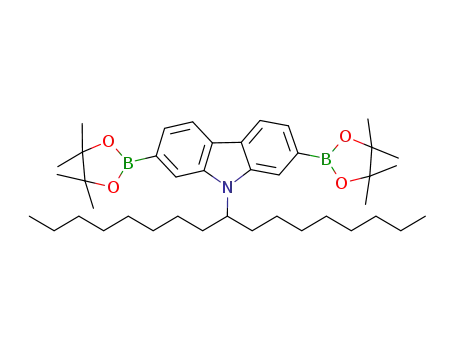 Molecular Structure of 958261-51-3 (9-(1-Octylnonyl)-2,7-bis(4,4,5,5-tetramethyl-1,3,2-dioxaborolan-2-yl)-9H-carbazole)