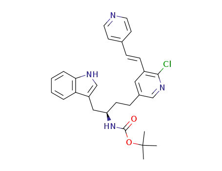 Molecular Structure of 552330-71-9 (tert-butyl (1R)-3-{6-chloro-5-[(E)-2-pyridin-4-ylvinyl]pyridin-3-yl}-1-(1H-indol-3-ylmethyl)propylcarbamate)