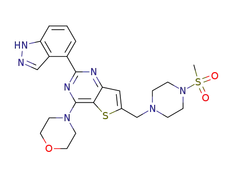Molecular Structure of 957054-30-7 (Thieno[3,2-d]pyrimidine, 2-(1H-indazol-4-yl)-6-[[4-(methylsulfonyl)-1-piperazinyl]methyl]-4-(4-morpholinyl)-)