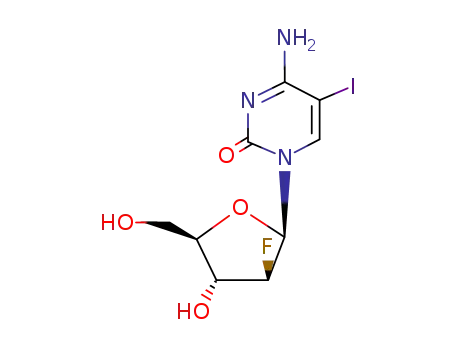Molecular Structure of 69123-90-6 (4-Amino-1-[(2R,3S,4R,5R)-3-fluoro-4-hydroxy-5-(hydroxymethyl)oxolan-2-yl]-5-iodopyrimidin-2-one)