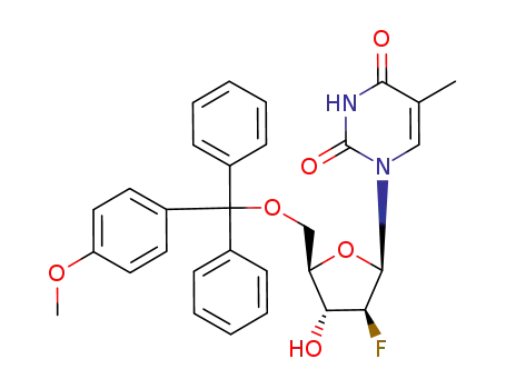 Molecular Structure of 121353-88-6 (2,4(1H,3H)-Pyrimidinedione, 1-[2-deoxy-2-fluoro-5-O-[(4-methoxyphenyl)diphenylmethyl]-β-D-arabinofuranosyl]-5-methyl-)