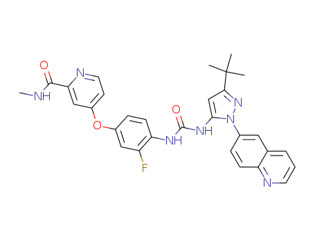 1020172-07-9,N-[3-tert-Butyl-1-(quinolin-6-yl)-1H-pyrazol-5-yl]-N'-[2-fluoro-4-[(2-(methylcarbamoyl)pyridin-4-yl)oxy]phenyl]urea,N-[3-tert-Butyl-1-(quinolin-6-yl)-1H-pyrazol-5-yl]-N'-[2-fluoro-4-[(2-(methylcarbamoyl)pyridin-4-yl)oxy]phenyl]urea;4-[3-Fluoro-4-({[3-(2-methyl-2-propanyl)-1-(6-quinolinyl)-1H-pyrazol-5-yl]carbamoyl}amino)phenoxy]-N-methyl-2-pyridinecarboxamide;