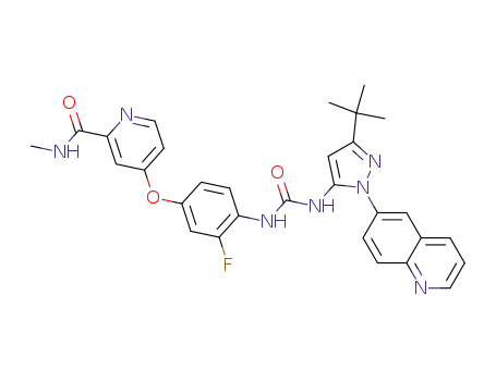 Molecular Structure of 1020172-07-9 (N-[3-tert-Butyl-1-(quinolin-6-yl)-1H-pyrazol-5-yl]-N'-[2-fluoro-4-[(2-(methylcarbamoyl)pyridin-4-yl)oxy]phenyl]urea)