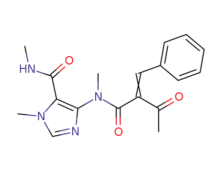 Molecular Structure of 107605-83-4 (4-<N-(2-acetyl-3-phenylpropenoyl)-N-methylamino>-1-methyl-5-methylaminocarbonylimidazole)