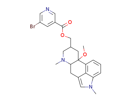27848-84-6,Nicergoline,(+)-10-Methoxy-1,6-dimethylergoline-8-beta-methanol 5-bromonicotinate;1-Methyl-lumilysergol 8-(5-bromonicotinate) 10-methyl ether;10-Methoxy-1,6-dimethyl-ergolin-8-beta-methanol-(5-bromnicotinat);8-beta-((5-Bromonicotinoyloxy)methyl)-1,6-dimethyl-10-alpha-methoxyergoline;