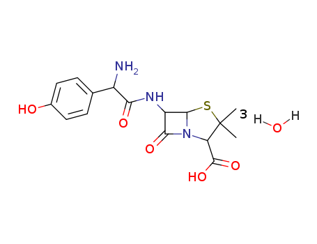 61336-70-7,Amoxicillin trihydrate,4-Thia-1-azabicyclo[3.2.0]heptane-2-carboxylicacid, 6-[[(2R)-amino(4-hydroxyphenyl)acetyl]amino]-3,3-dimethyl-7-oxo-,trihydrate, (2S,5R,6R)- (9CI);4-Thia-1-azabicyclo[3.2.0]heptane-2-carboxylicacid, 6-[[amino(4-hydroxyphenyl)acetyl]amino]-3,3-dimethyl-7-oxo-, trihydrate,[2S-[2a,5a,6b(S*)]]-;Alfoxil;Amoksina;Amoxyl;Atoksilin;Demoksil;Largopen;Moksilin;Promoxil;Remoxil;Topramoxin;
