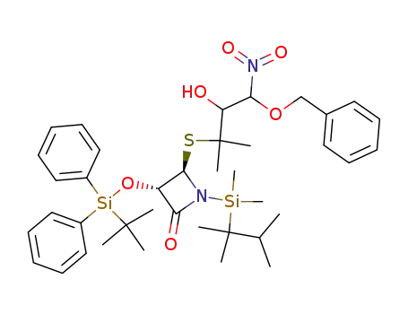 Molecular Structure of 128971-93-7 ((3S,4R)-3-<(tert-Butyldiphenylsilyl)oxy>-1-<(2,3-dimethyl-2-butyl)dimethylsilyl>-4-<<4-(benzyloxy)-3-hydroxy-2-methyl-4-nitro-2-butyl>thio>-2-azetidinone)