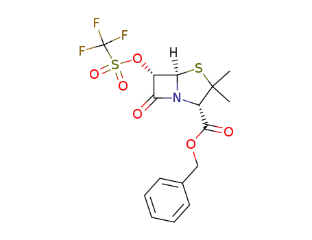 Molecular Structure of 128971-96-0 ((2S,5R,6S)-Benzyl 3,3-Dimethyl-7-oxo-6-<<(trifluoromethyl)sulfonyl>oxy>-4-thia-1-azabicyclo<3.2.0>heptane-2-carboxylate)