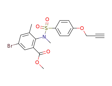 Molecular Structure of 287108-61-6 (5-bromo-3-methyl-2-[methyl-(4-prop-2-ynyloxy-benzenesulfonyl)-amino]-benzoic acid methyl ester)