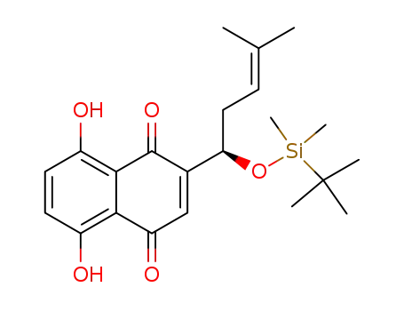Molecular Structure of 135504-96-0 ((R)-2-(<(1,1-Dimethylethyl)dimethylsilyloxy>-4-methyl-3-pentenyl)-5,8-dihydroxynaphtho-1,4-quinone)