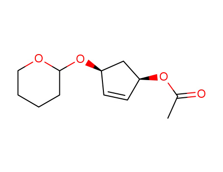 Molecular Structure of 142130-74-3 (Acetic acid (1R,4S)-4-(tetrahydro-pyran-2-yloxy)-cyclopent-2-enyl ester)