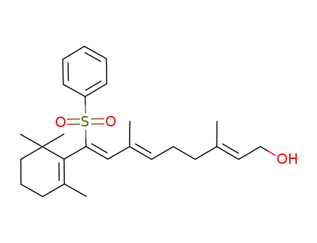 Molecular Structure of 105096-76-2 (1-hydroxy-3,7-dimethyl-9-(2,6,6-trimethyl-1-cyclohexen-1-yl)-9-phenylsulfonyl-2,6,8-nonatriene)