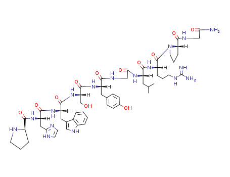 33515-09-2,Gonadorelin,Glycinamide,5-oxo-L-prolyl-L-histidyl-L-tryptophyl-L-seryl-L-tyrosylglycyl-L-leucyl-L-arginyl-L-prolyl-(8CI);Luteinizing hormone-releasing factor (pig);AY 24031;Dirigestran;Fertagyl;Gonadotropin-releasing factor;HOE 471;HumanLH-RH;LH-RH (swine);LH-Releasing factor (pig);LH-Releasinghormone (porcine);Lutal;Luteinizing hormone-releasingfactor (human);Luteinizing hormone-releasing hormone (swine);Lutrefact;Mammalian LH-RH;Ovine gonadotropin-releasing hormone;Porcine LH-releasing factor;Relefact;Relisorm L;Synthetic Gn-RH;SyntheticLH-FSH releasing hormone;Synthetic LH-FSH-RH;Synthetic LH-RH/FSH-RH;Synthetic LH-releasing factor;Synthetic LRF;Synthetic decapeptide FSH/LH-RH;Synthetic gonadoliberin;Synthetic luteinizinghormone-releasing factor;Synthetic luteinizing hormone-releasing hormone;[(Pyro)Glu-His-Trp-Ser-Tyr-Gly-Leu-Arg-Pro-Gly-NH2];