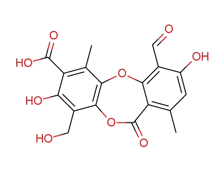 Molecular Structure of 489-51-0 (4-Formyl-3,8-dihydroxy-9-(hydroxymethyl)-1,6-dimethyl-11-oxo-11H-dibenzo[b,e][1,4]dioxepin-7-carboxylic acid)