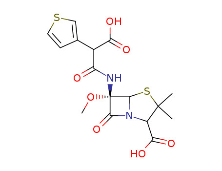 99% up by HPLC (2S,5R,6S)-6-[(3-Hydroxy-3-oxo-2-thiophen-3-ylpropanoyl)amino]-6-methoxy-3,3-dimethyl-7-oxo-4-thia-1-azabicyclo[3.2.0]heptane-2-carboxylic acid 66148-78-5