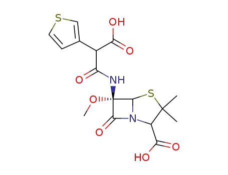Molecular Structure of 66148-78-5 ((2S,5R,6S)-6-[(3-Hydroxy-3-oxo-2-thiophen-3-ylpropanoyl)amino]-6-methoxy-3,3-dimethyl-7-oxo-4-thia-1-azabicyclo[3.2.0]heptane-2-carboxylic acid)