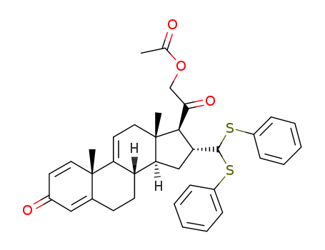 Molecular Structure of 144602-47-1 (Acetic acid 2-[(8S,10S,13S,14S,16R,17S)-16-(bis-phenylsulfanyl-methyl)-10,13-dimethyl-3-oxo-6,7,8,10,12,13,14,15,16,17-decahydro-3H-cyclopenta[a]phenanthren-17-yl]-2-oxo-ethyl ester)