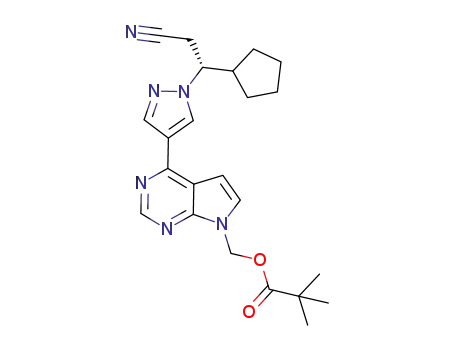 Molecular Structure of 1146629-80-2 ((R)-(4-(1-(2-cyano-1-cyclopentylethyl)-1H-pyrazol-4-yl)-7H-pyrrolo[2,3-d]pyrimidin-7-yl)methyl pivalate)