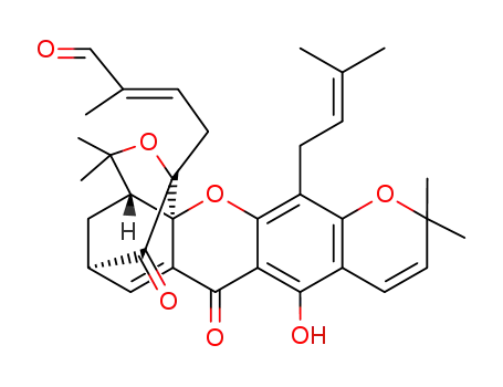 Molecular Structure of 1183-12-6 (2-Butenal, 2-methyl-4-[3a,4,5,7-tetrahydro-8-hydroxy-3,3,11,11-tetramethyl-13-(3-methyl-2-butenyl)-7,15-dioxo-1,5-methano-1H,3H,11H-furo[3,4-g]pyrano[3,2-b]xanthen-1-yl]-, [1R-[1alpha,1(Z),3abeta,5alpha,14aS*]]-)