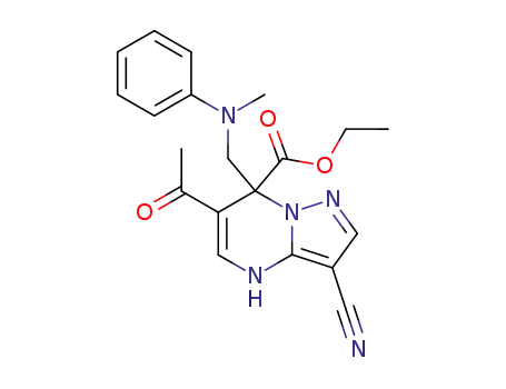 Molecular Structure of 79115-58-5 (ethyl 6-acetyl-3-cyano-7-{[methyl(phenyl)amino]methyl}-1,7-dihydropyrazolo[1,5-a]pyrimidine-7-carboxylate)