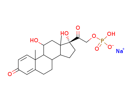 125-02-0,Prednisolone phosphate sodium,Pregna-1,4-diene-3,20-dione,11b,17,21-trihydroxy-,21-(dihydrogen phosphate), disodium salt (7CI,8CI);Ak-pred;Codelsol;Disodium prednisolone 21-phosphate;Dojilon;Hefasolon;Hydeltrasol;Inflamase;Metreton;Optival;Orapred;Pediapred;Phortisolone;Prednesol;Prednisolone21-(disodium phosphate);Prednisolone21-phosphate disodium salt;Prednisolonesodium phosphate;Predonema;Predsol;Predsolan;Prozorin;Sodium prednisolonephosphate;Solu-Predalone;Solucort;TRM 484;Pregna-1,4-diene-3,20-dione,11,17-dihydroxy-21-(phosphonooxy)-, disodium salt, (11b)-;Prednisolone 21-phosphate disodium;