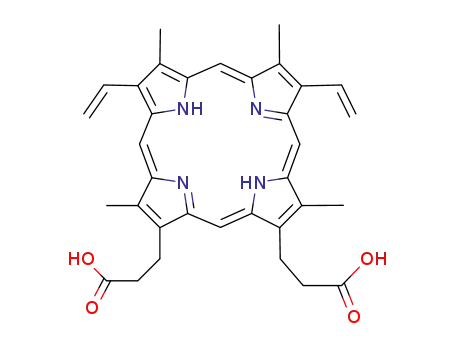 Molecular Structure of 59969-38-9 (7,13-Divinyl-3,8,12,17-tetramethyl-21H,23H-porphyrin-2,18-dipropanoic acid)