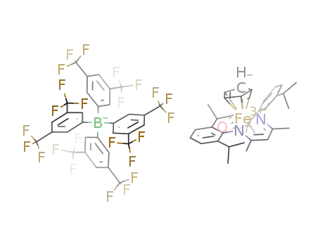 Molecular Structure of 1036767-96-0 ([((2,6-diisopropylphenyl-NC(Me))2CH)Fe(III)(η5-cyclopentadienyl)(CO)][B(C6H3(CF3)2-3,5)4])