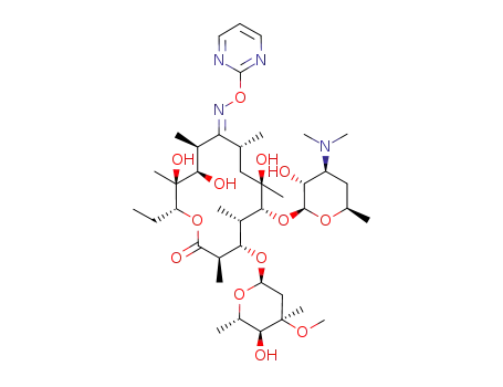 Molecular Structure of 930287-46-0 (6-(4-dimethylamino-3-hydroxy-6-methyl-tetrahydro-pyran-2-yloxy)-14-ethyl-7,12,13-trihydroxy-4-(5-hydroxy-4-methoxy-4,6-dimethyl-tetrahydro-pyran-2-yloxy)-3,5,7,9,11,13-hexamethyl-oxacyclotetradecane-2,10-dione 10-(<i>O</i>-pyrimidin-2-yl-oxime))