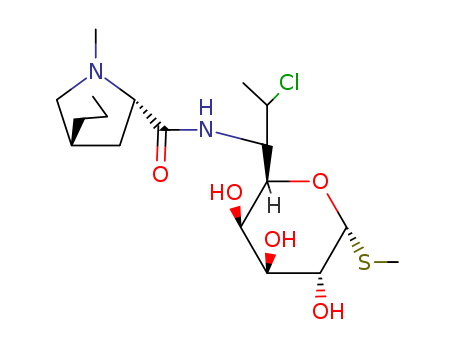 18323-44-9,Clindamycin,L-threo-D-galacto-Octopyranoside,methyl7-chloro-6,7,8-trideoxy-6-(1-methyl-4-propyl-L-2-pyrrolidinecarboxamido)-1-thio-,trans- a- (8CI);L-threo-a-D-galacto-Octopyranoside, methyl7-chloro-6,7,8-trideoxy-6-[[(1-methyl-4-propyl-2-pyrrolidinyl)carbonyl]amino]-1-thio-,(2S-trans)-;7(S)-Chloro-7-deoxylincomycin;7-Chloro-7-deoxylincomycin;7-Chlorolincomycin;7-Deoxy-7(S)-chlorolincomycin;Antirobe;Chlolincocin;ClindaDerm;Clinimycin;Dalacine;Klimicin;